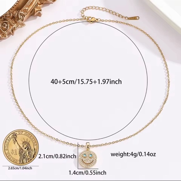 Happy Smile Face Gold Necklace Pink Gem Eyes Crystal Pave Happy Pendant - Picture 3 of 3